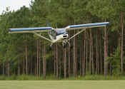 Grass-field take-off between the tall Georgia pine trees.