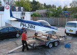 Zodiac fuselage assembly on a flat bed trailer